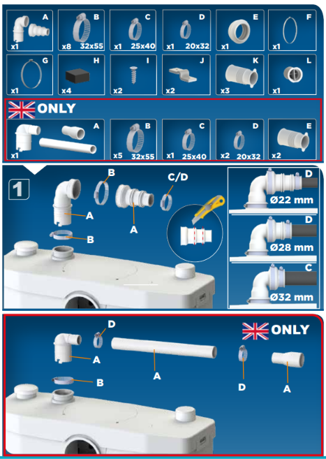 Saniflo Saniplus UP installation and connection diagram